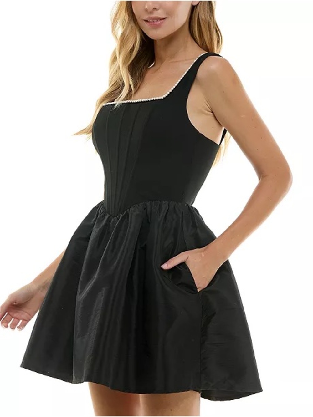 City Studio Navy Square-Neck Mini Dress with Pearl Trim Size 7/8 NWOT